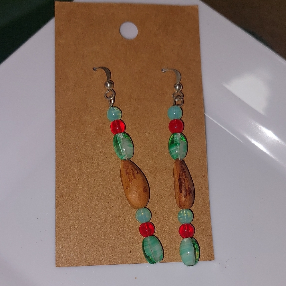 Blacklight Beads Pine Nut Beaded Dangle Earrings.Handmade .925 Silver Earwire.